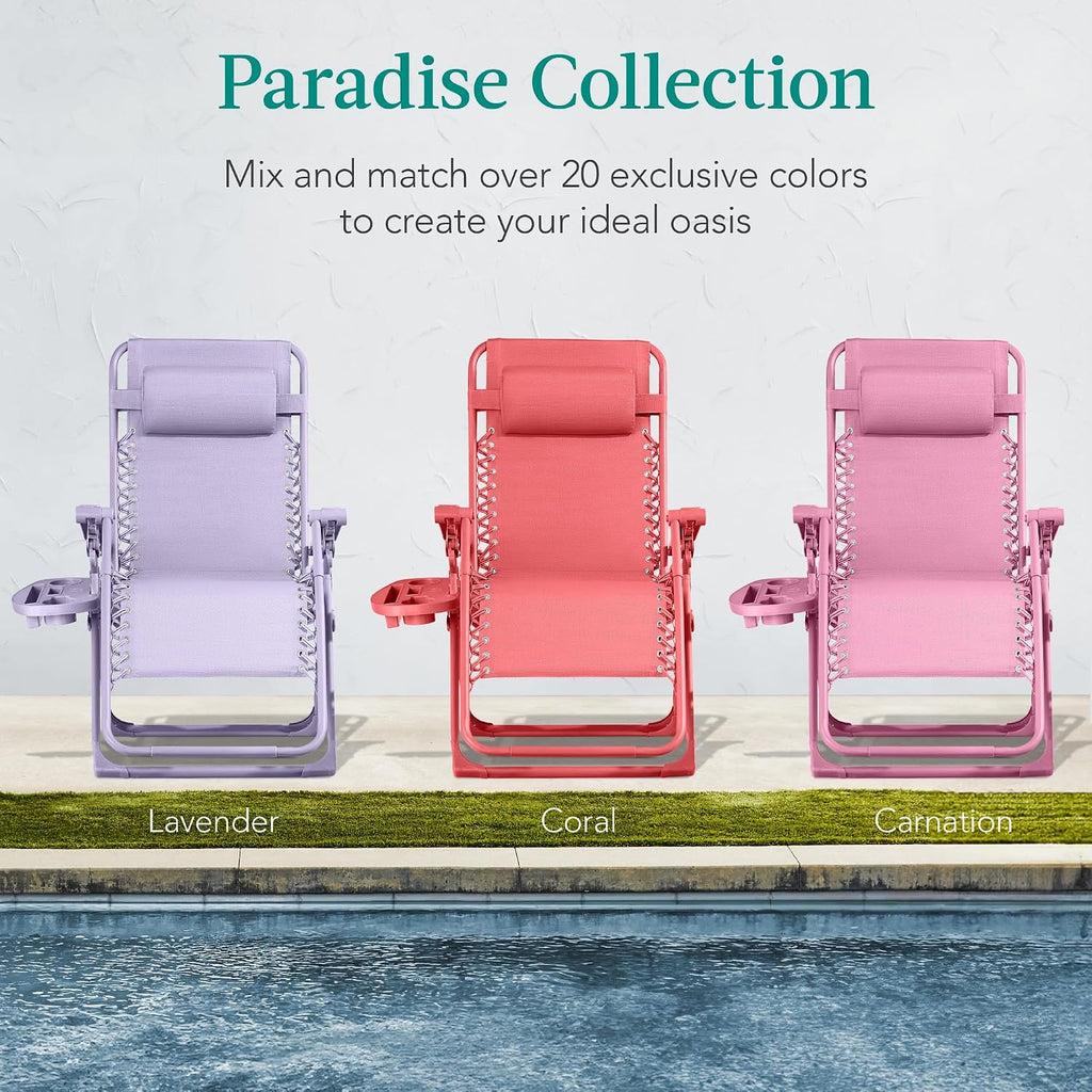 Best Choice Products Adjustable Zero Gravity Chair, Monochromatic Color Folding Patio Recliner w/Side Tray, Headrest - Carnation