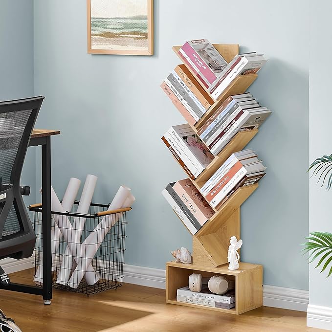 Hoctieon 6 Tier Tree Bookshelf, Tall Bookcase with Drawer, Freestanding Book Shelf, Display Floor Standing Storage Shelf, Book Organizer Shelves for Home Office, Living Room, Bedroom, Yellow