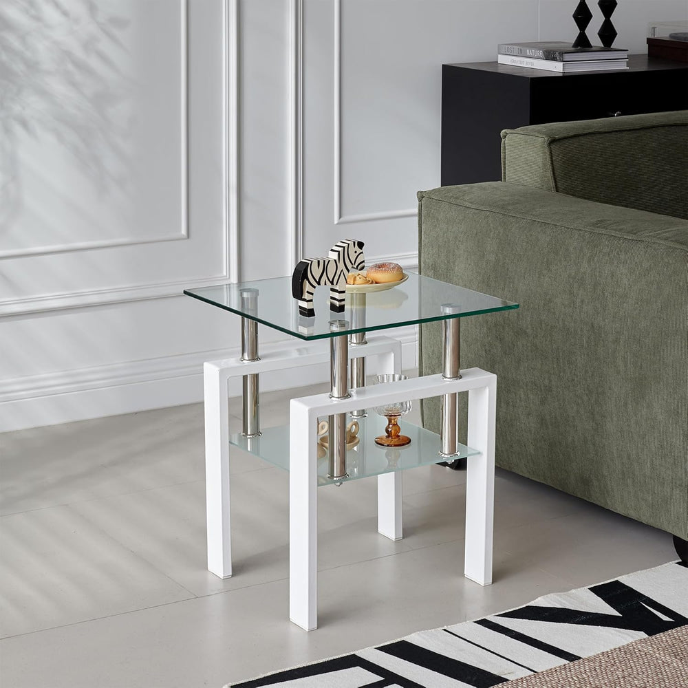 2pcs Modern Glass End Table - Two Tiered Clear Nightstand, Square Tempered Gl...
