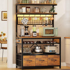 Itaar Bakers Rack with Storage and Power Outlet, 35.4 inch Coffee Bar Cabinet, Microwave Stand Kitchen Cabinet with Hutch, LED Lights, Wine Rack and Hooks, Rustic Brown