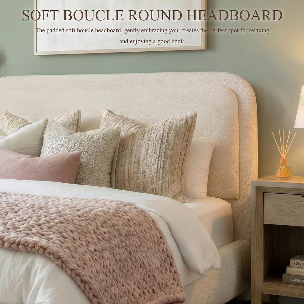 Brafab Cloud Queen Size Bed Frame with Headboard, Solid Wood Legs, Beige