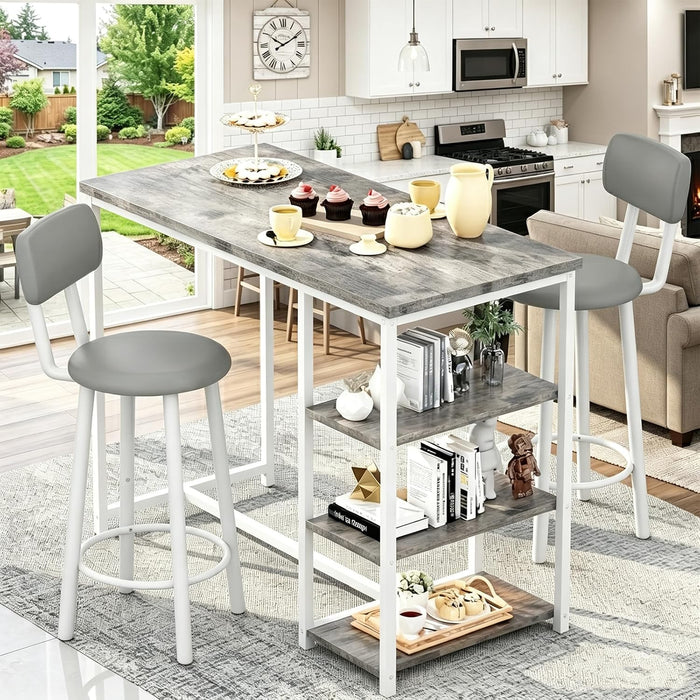 Recaceik Pub Dining Table Set for 2, Table and Bar Stools with 3 Storage Shelves, MDF Board & PU Leather Backrest Chairs, 3 Piece Dining Set for Small Space, Apartment, Kitchen Island, Grey