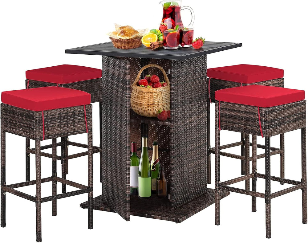 HAPPYGRILL 5 Pieces Rattan Bar Set, Outdoor Wicker Bar Table and 4 Bar Stools...