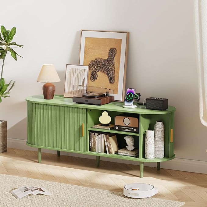 DHH 55 Inch Mid Century Modern TV Stand with Power Outlet for TVs up to 60 Inch, Entertainment Center with Storage and Adjustable Shelves, Media Console with Sliding Doors for Living Room(Green)