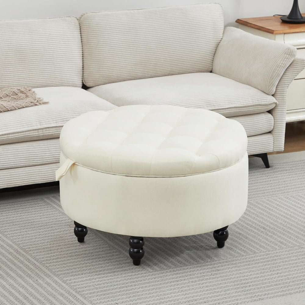 24 Inch Fabric Round Ottoman with Storage, Modern Upholstered Button Tufted O...
