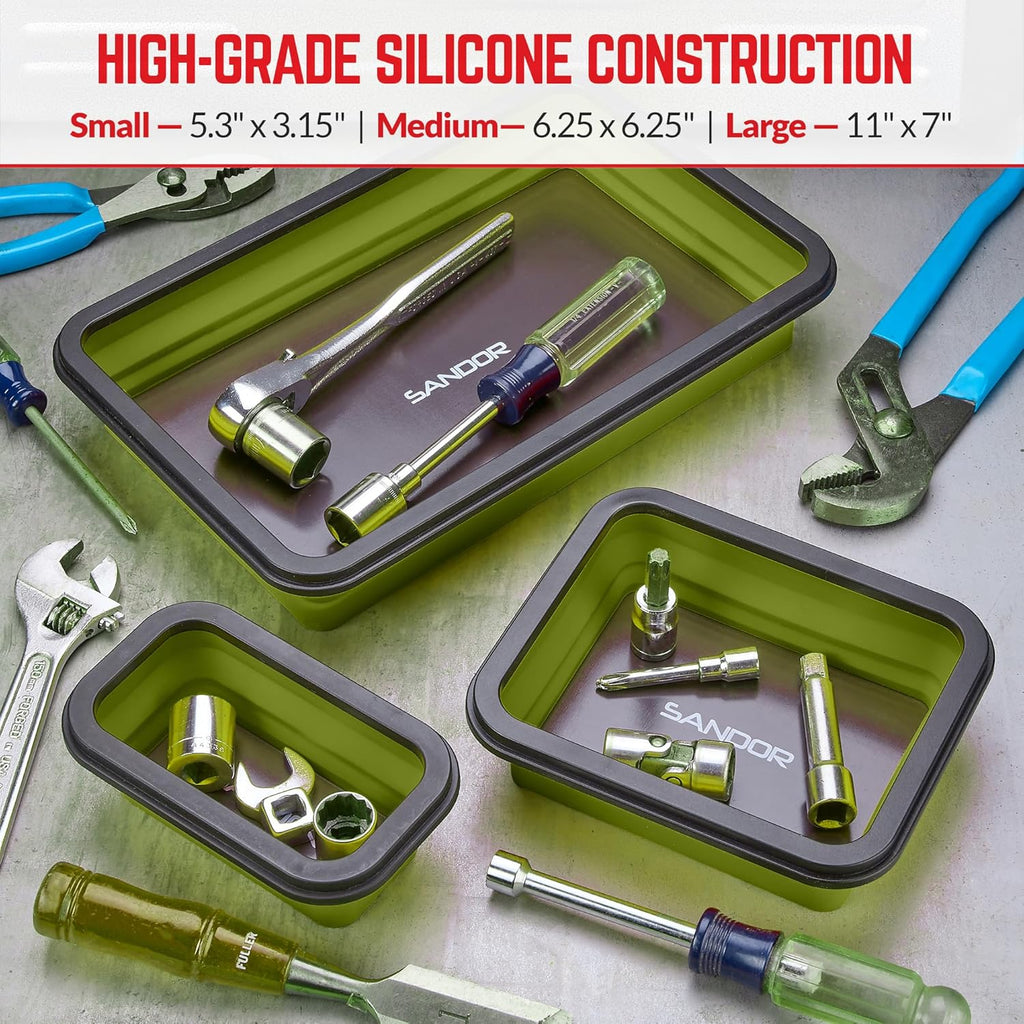 Collapsible Magnetic Parts Tray Set - 3 Different Size Tool Trays for Screw, Bolts, Nuts, Washers, Pins and Other Small Metal Parts, Mechanic Tool Gifts for Men - Olive Green