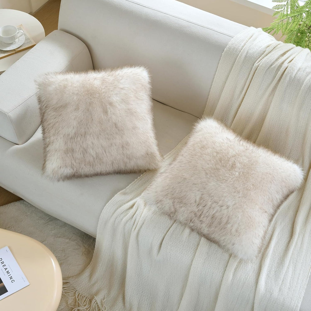 FUTEI Pack of 2 Faux Fox Fur Throw Pillow Covers 18x18 Inch, Coffee White