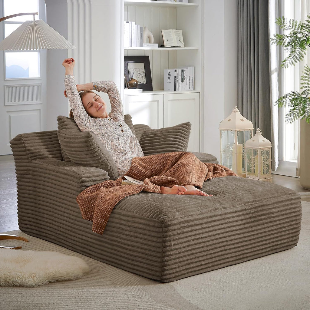 Oversized Chaise Lounge Chair Indoor,50" W Upholstered Corduroy Sofa with 3 Pillows,Comfy Fluffy Cloud Couch,Modern Deep Seat Sofa,Single Sleeper Sofa Chair for Livingroom,Bedroom,No Assembly(Brown)