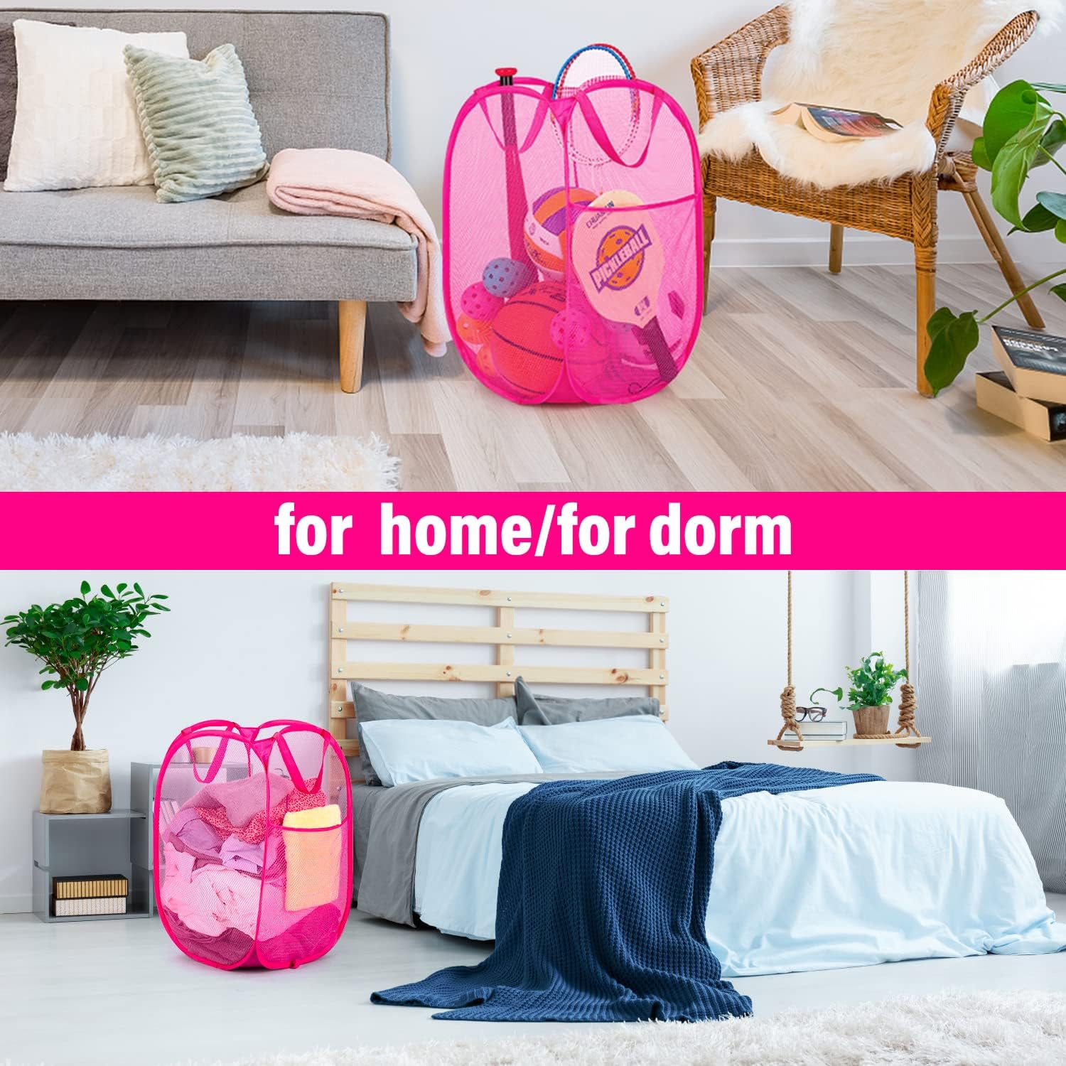 BATTOO Deluxe Strong Mesh Pop up Laundry Hamper Basket with Side Pocket for Laundry Room, Bathroom, Kids Room, College Dorm or Travel 2 Pack Blush