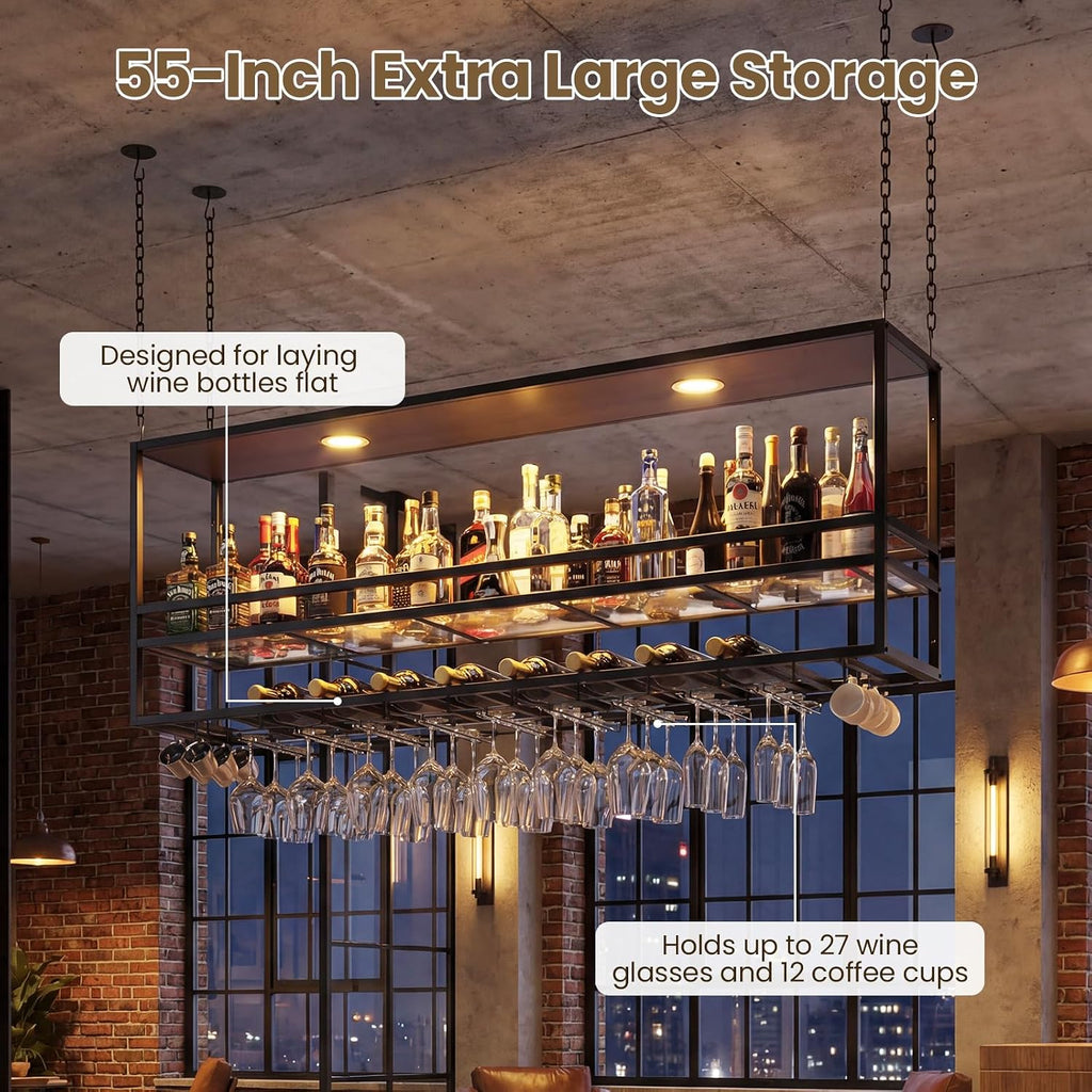55" Industrial Ceiling Wine Glass Rack with LED, 3-Tier Ceiling Shelf with Wine Glass Holder and Acrylic Shelf, Hanging Wine Rack with Cup Holder for Bar, Home, Cafe