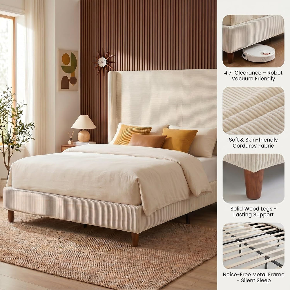 WEUP Queen Size Bed Frame with 56 Inch Corduroy Wingback Headboard, Cream