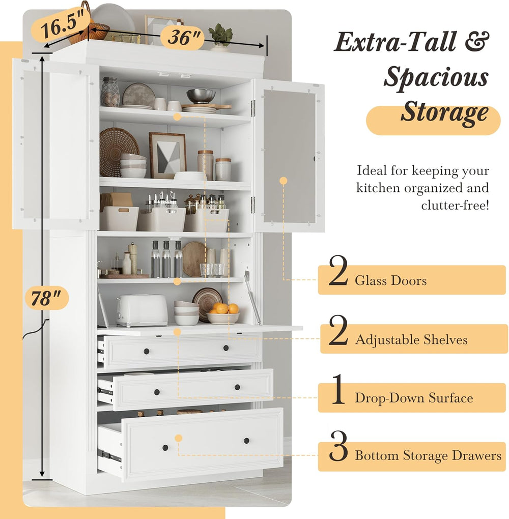Merax Kitchen Pantry Cabinet, 78” White Wooden Pantries Storage Cabinet with ...