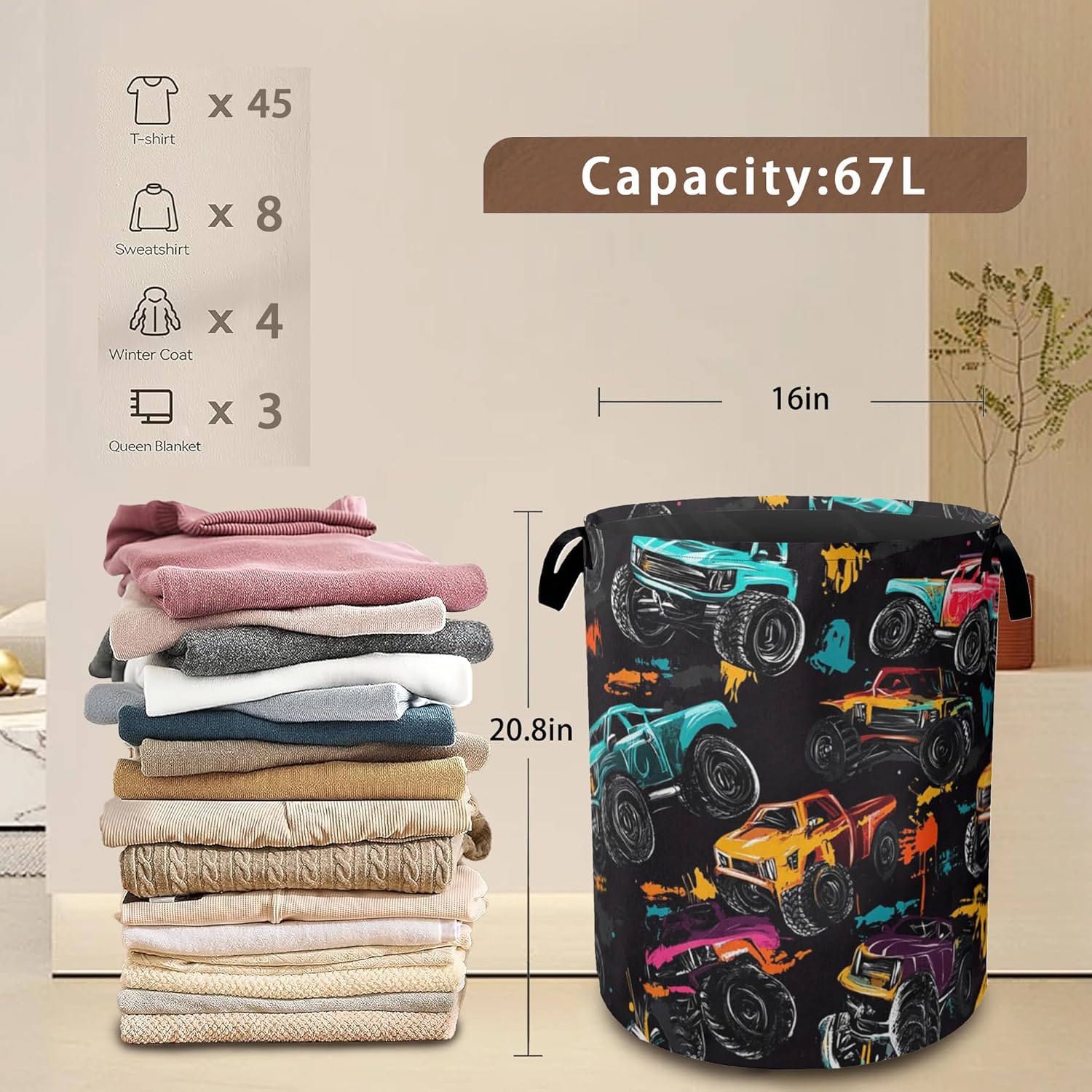 Laundry Hamper,Abstract Truck Laundry Basket,Waterproof Oxford Cloth Storage Basket with Handle for Clothes Books Nursery Home Storage Sundries 16"x20"