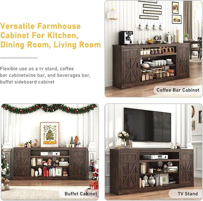75" Farmhouse TV Stand with Power Outlets for 85 Inch TVs, 33" Tall Entertainment Center with Storage Cabinets w/Adjustable Shelves, Rustic Large TV Media Console, Brown