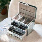 Mirrored Jewelry Box, 3-Layer Glass Jewelry Organizer with Lid & 2 Drawers, Silver Crushed Diamond Home Decor, Fancy Gift for Her (9.3" L x 6.3" W x 7.1" H)