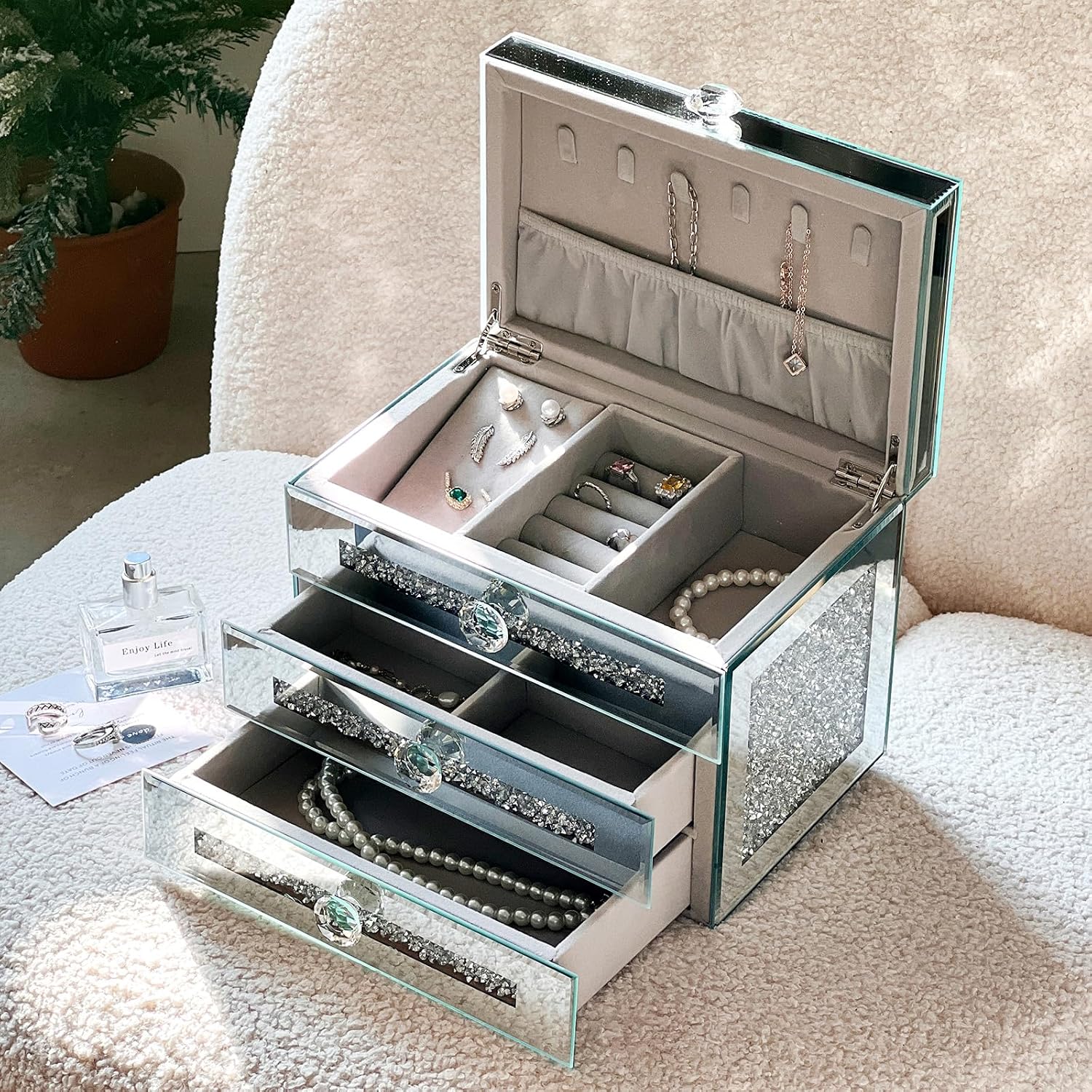 Mirrored Jewelry Box, 3-Layer Glass Jewelry Organizer with Lid & 2 Drawers, Silver Crushed Diamond Home Decor, Fancy Gift for Her (9.3" L x 6.3" W x 7.1" H)