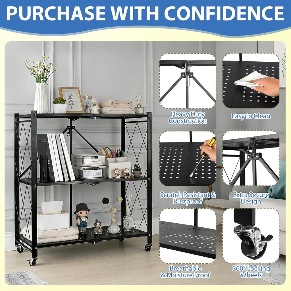 3-Tier Foldable Storage Shelf with Wheels, Metal Collapsible Shelving Unit, Rolling Utility Cart for Kitchen Pantry Closet Office, Pre-Assembled Storage Rack Organizer