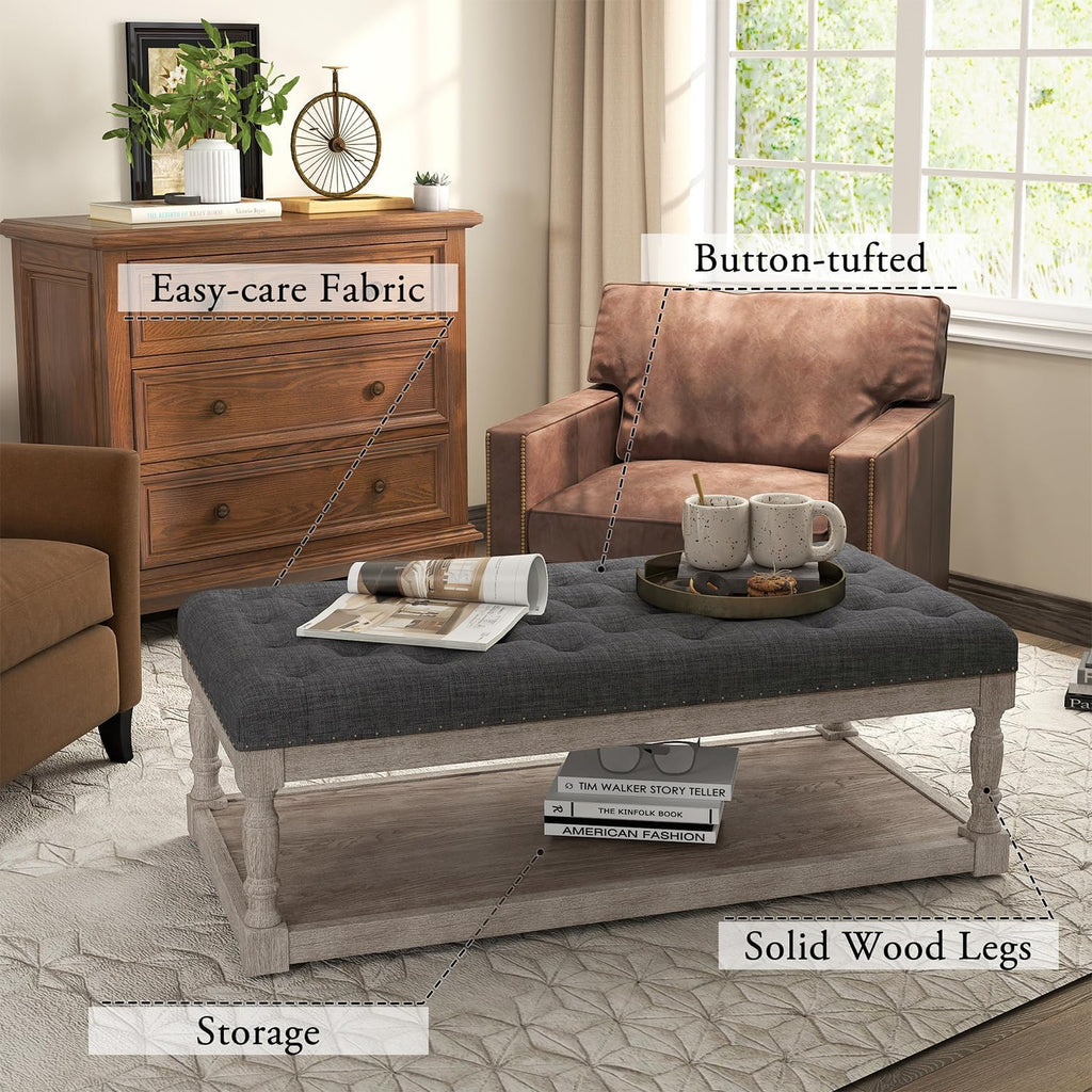 Ottoman Coffee Table, Large Rectangle Ottoman with Storage - Upholstered Cushioned Bench for Living Room, Tufted Linen Fabric with Solid Wood Shelf, Entryway Bench(Dark Gray)