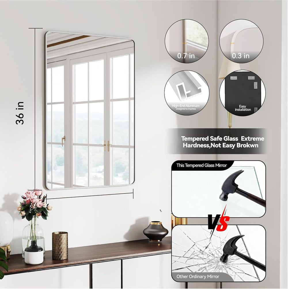36x24 Bathroom Mirror Rect Wall Mounted Aluminum Metal Frame Silver