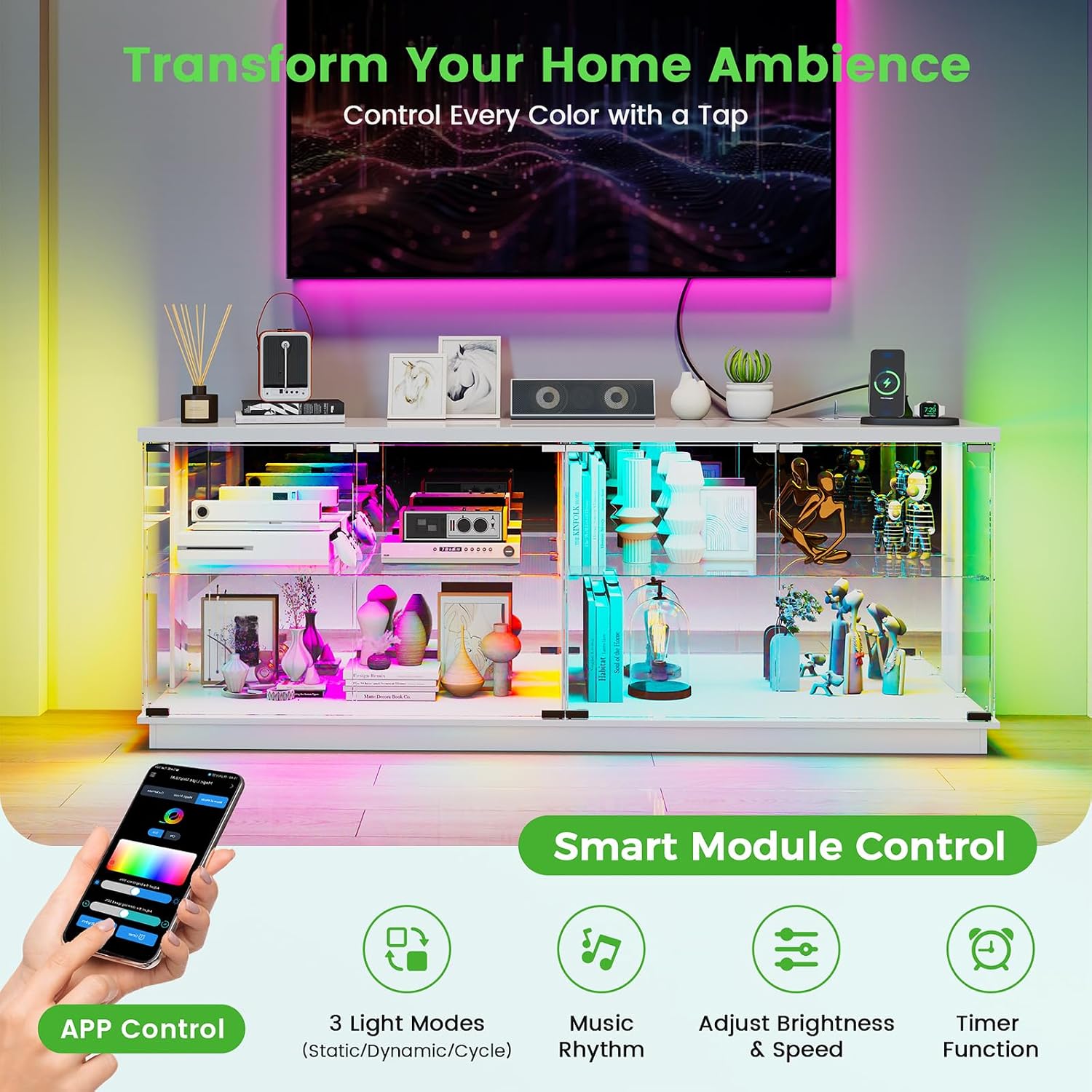 HNEBC 71" Glass TV Stands with Charging Station&Light for Living Room-White | Display Cabinet TV Console with Motion-Senser RGB LED Lights, 2 AC Outlets,USB-C Ports, Entertainment center with Doors