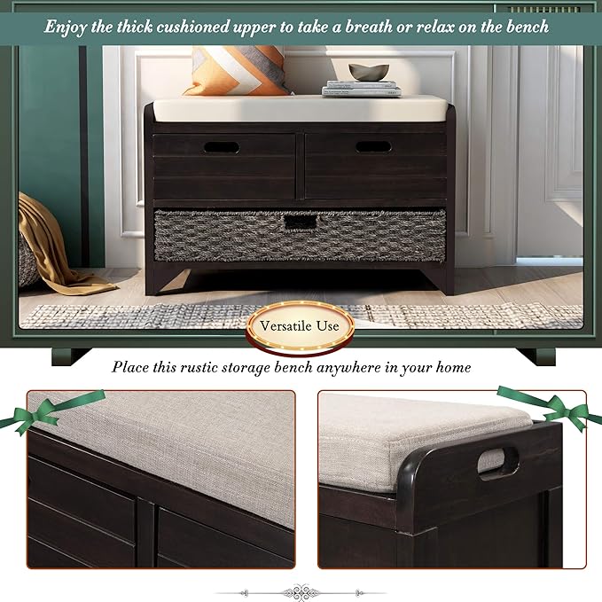 Merax Farmhouse Wood Shoe Bench with Storage and Seat Cushion for Entryway Hallway Front Door Espresso