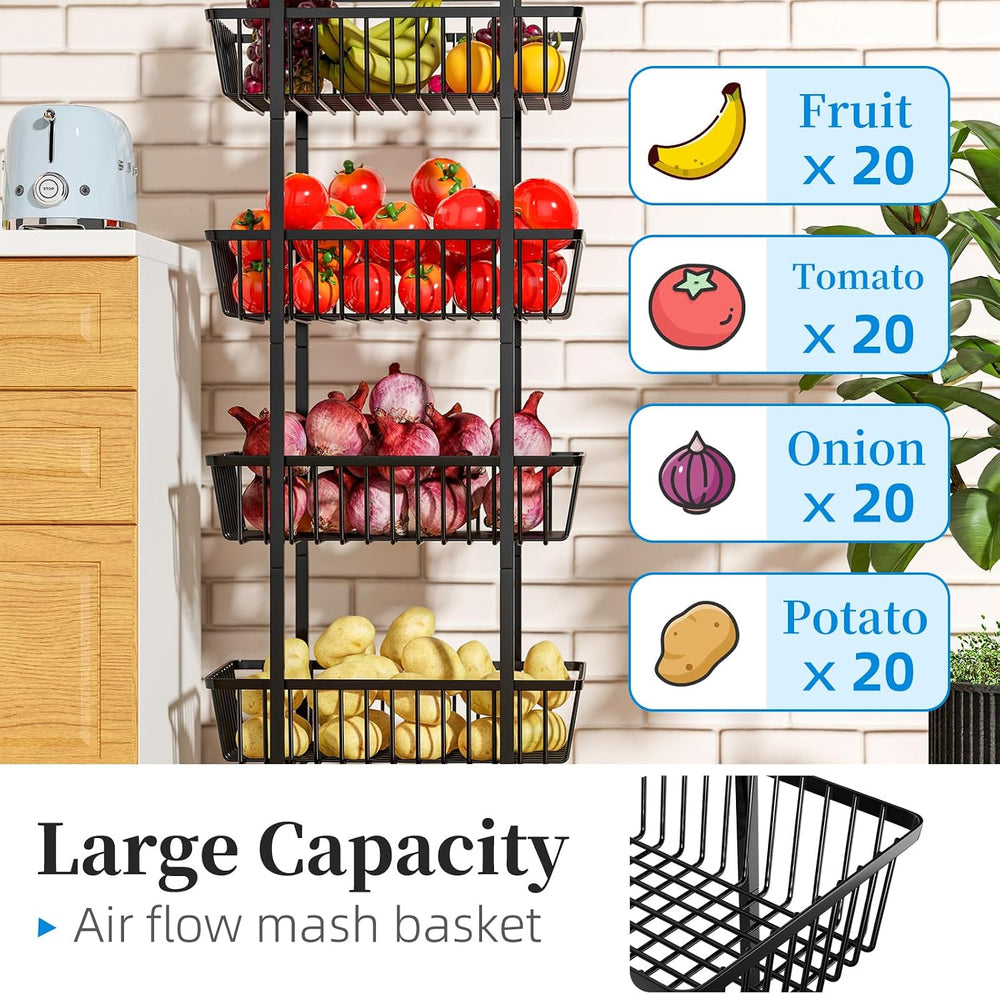 Simple Trending 4 Tier Rolling Fruit Vegetable Basket Cart, Black | Metal Wir...