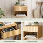 Small Floating Nightstand Set of 2, Modern Fluted Night Stand with Drawer and Open Storage Shelf Wall Mounted Bedside Tables Natural Oak