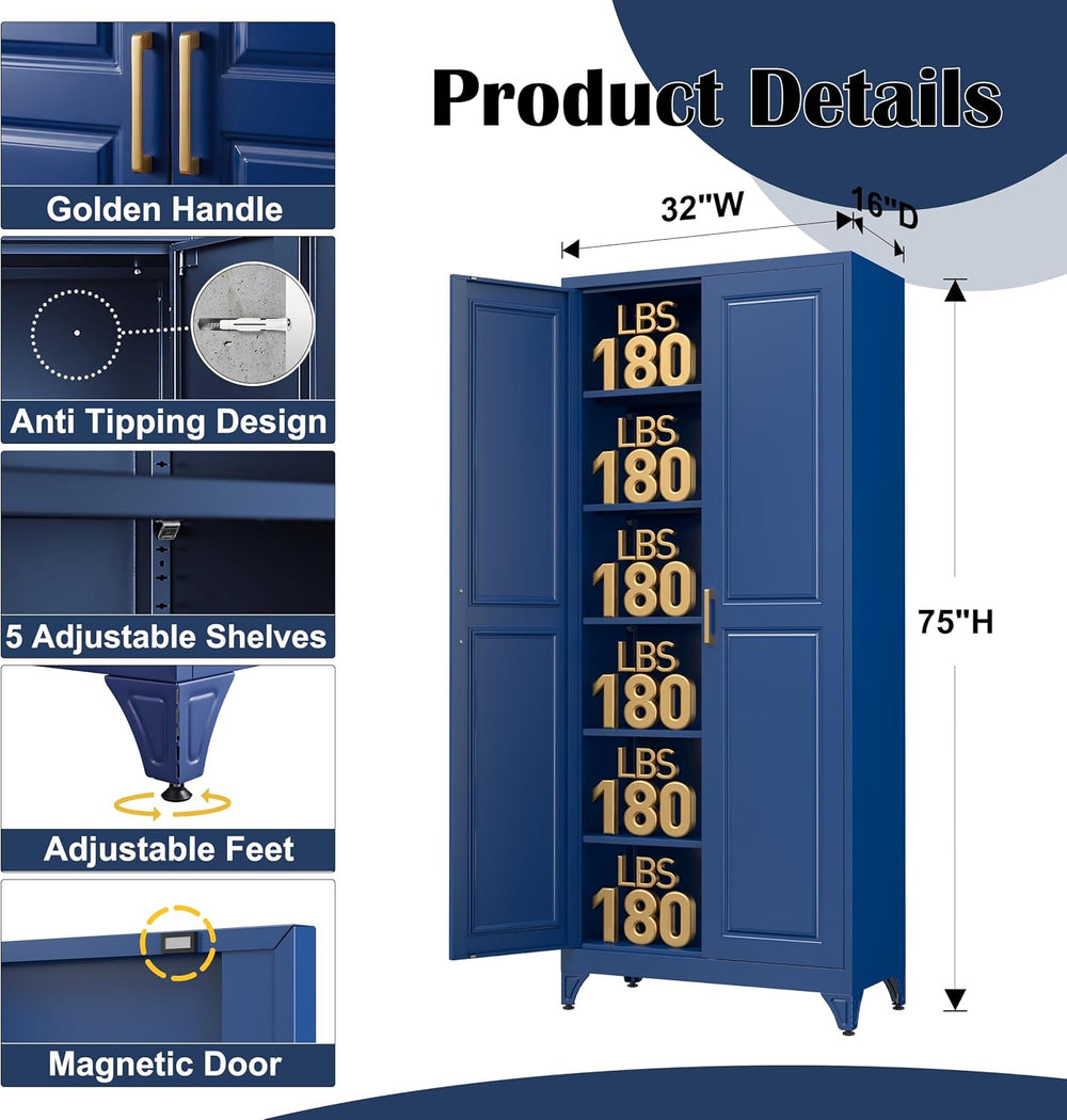 SteeLoong 75”Metal Pantry Storage Cabinet with Doors & 5 Adjustable Shelv...