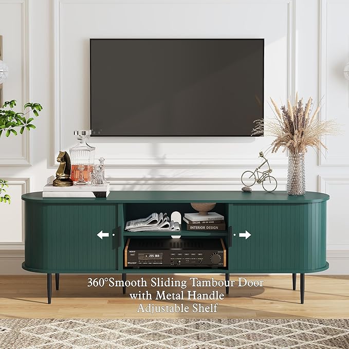 ARTPOWER 70" Modern TV Stand with Tambour Door for TVs up to 80", Entertainment Center with Storage, Fluted Television Consoles for Home, Living Room, Green