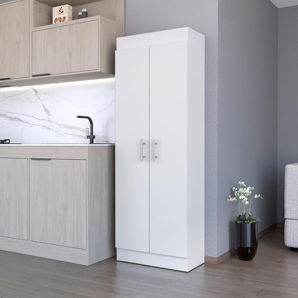23.6" D*11.9" W*66.8" H Freestanding Kitchen Pantry with 4 Shelves, Double Door, Rectangular Wood Storage Cabinet, Modern Minimalist, for Living Room, Dining Room, White