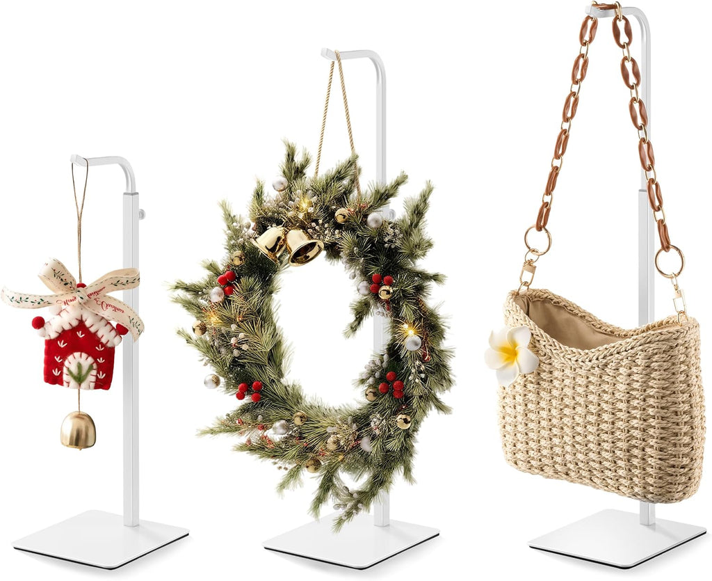 pickpiff 3 Pack Purse Holder Handbag Display Stand: White Hanger Rack for Bags, Purses, and Wreath, Adjustable Hook Stand for Tabletop, Closet, and Retail Use for Vendors