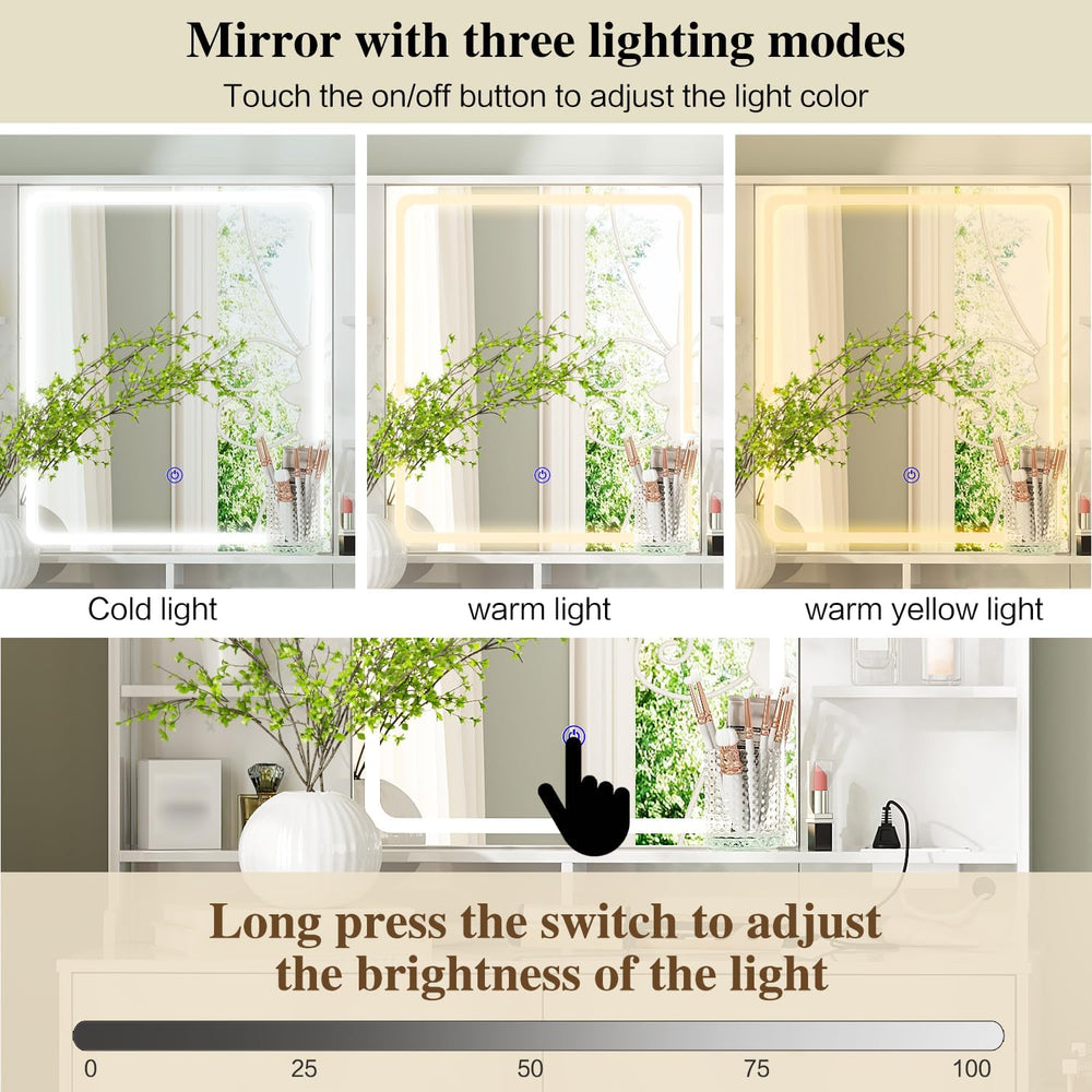 Ieejdn Makeup Vanity Desk with Mirror and Lights, Vanity Desk with 8 Drawers ...