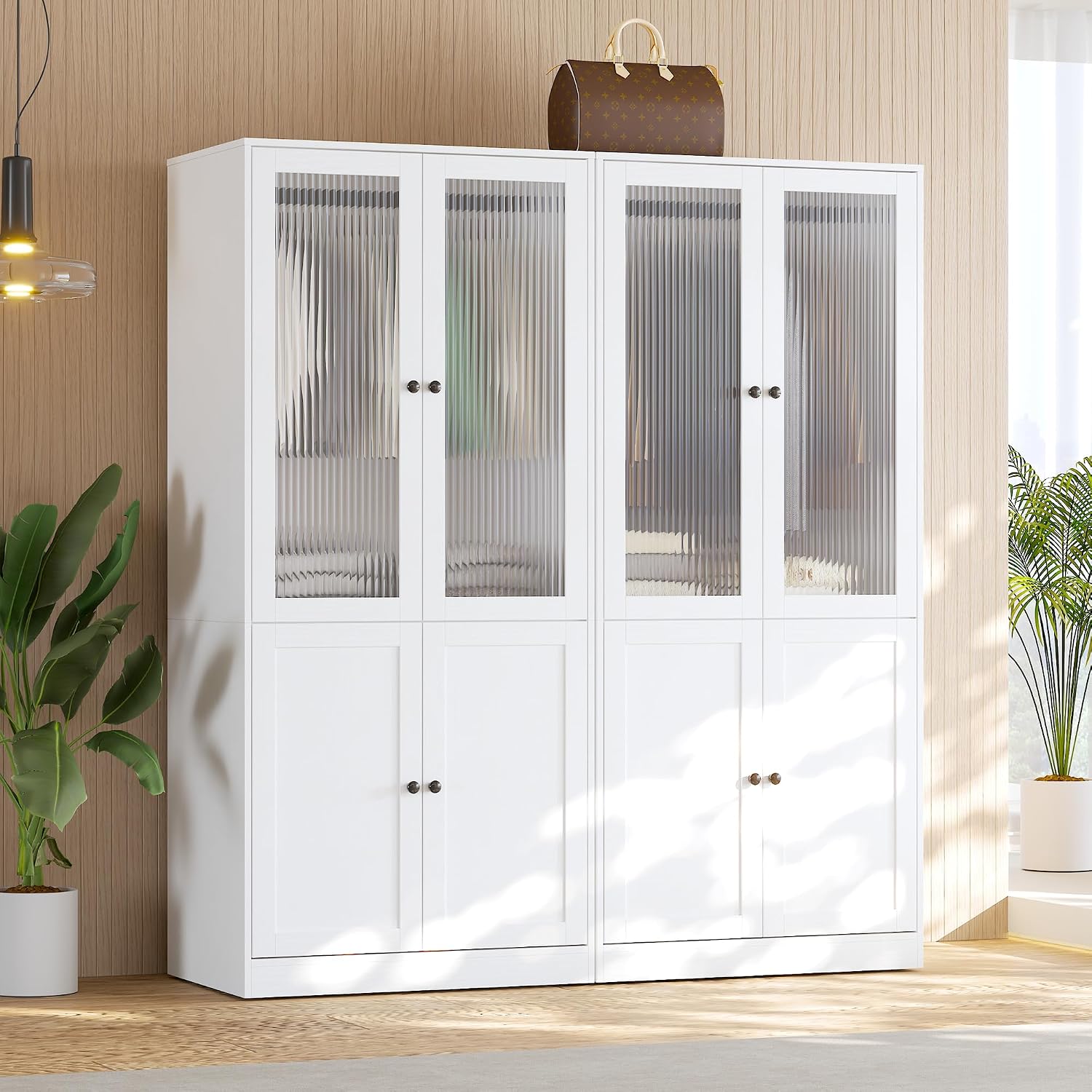 VOWNER 20“D Armoire Wardrobe Closet with Fluted Glass, 71" H Clothing Storage Cabinet with Hanging Rod, 4 Soft-Close Doors Wooden Wardrobe Cabinet for Bedroom, Large Capacity Storage White(CC)