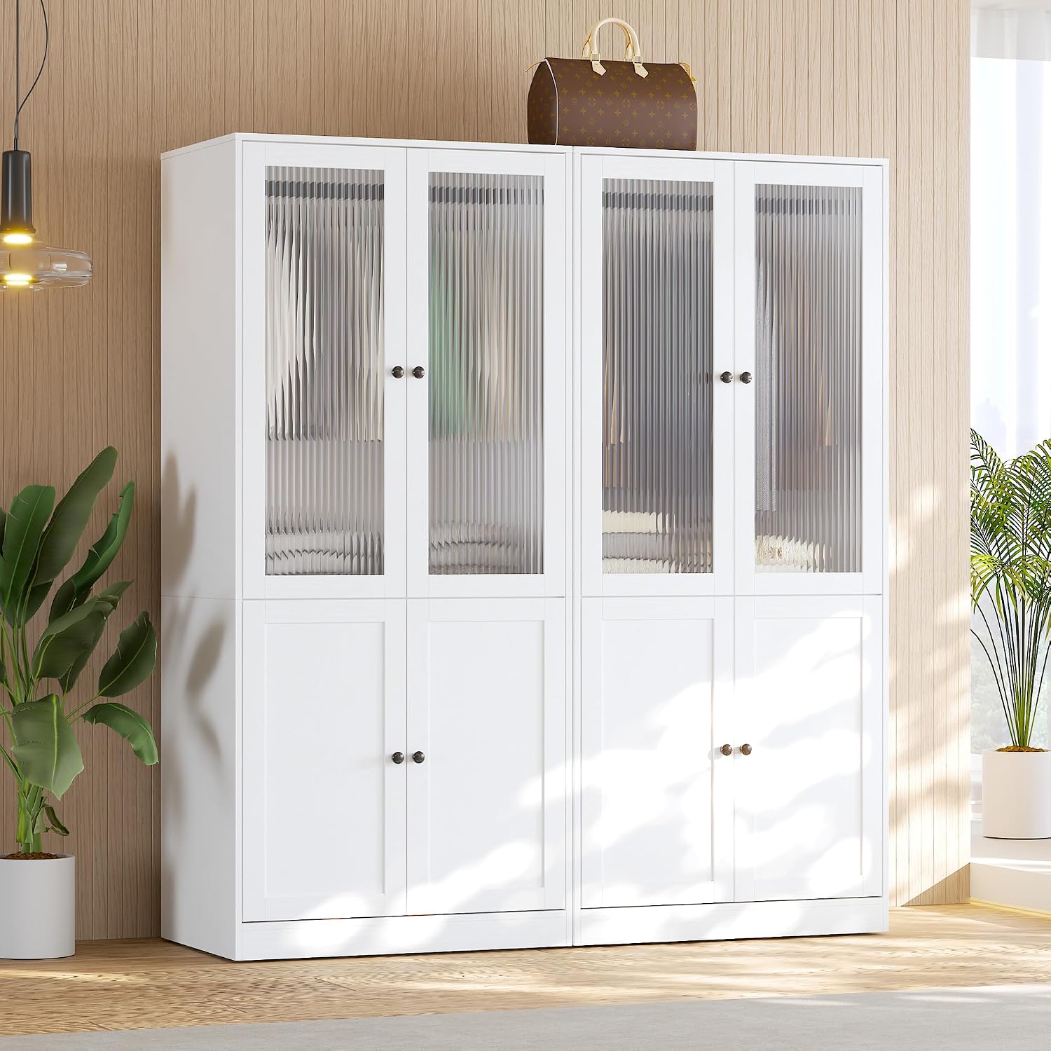 VOWNER 20“D Armoire Wardrobe Closet with Fluted Glass, 71" H Clothing Storage Cabinet with Hanging Rod, 4 Soft-Close Doors Wooden Wardrobe Cabinet for Bedroom, Large Capacity Storage White(CC)
