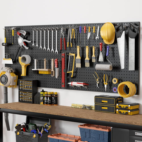 4 Pack Metal Pegboard Panels with 50 Hooks, Black Pegboard Wall Organizer, Pegboard Accessories, Heavy Duty Garage Tool Storage System for Workbench, Workshop, Office, Craft Room