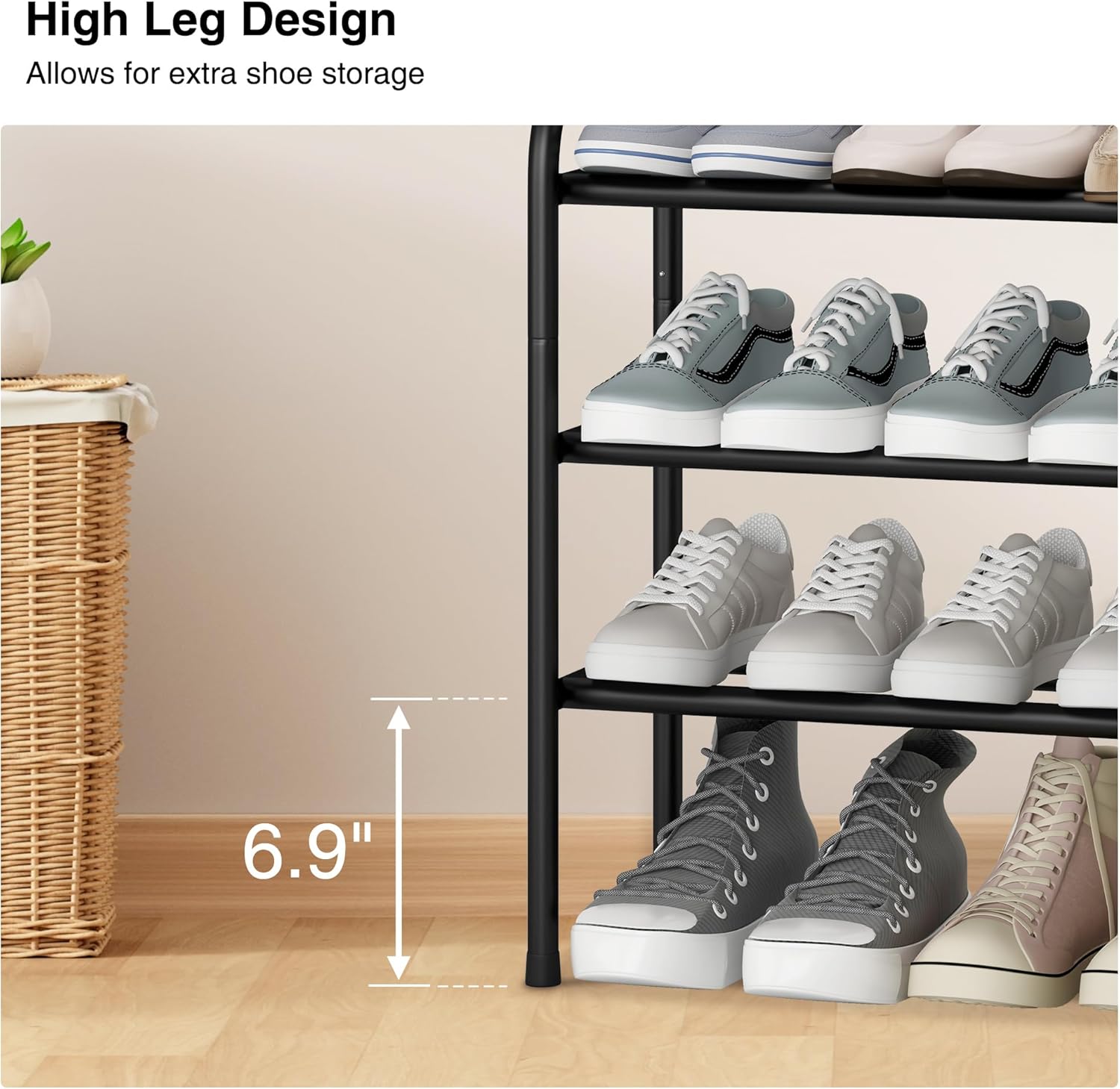 STO STO Expandable Shoe Rack, 3-Tier Metal Small Shoe Rack for Closet, Up to 16 Pairs Adjustable Shoe Racks Storage for Front Door Entrance, Free Standing Shoe Rack Organizer for Entryway, Black