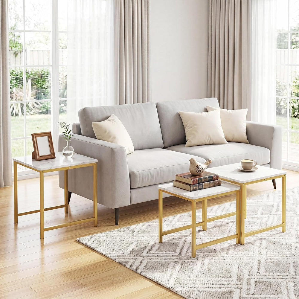 Giantex Nesting Coffee Table Set of 3, Small Center Tables, White | Faux Marb...