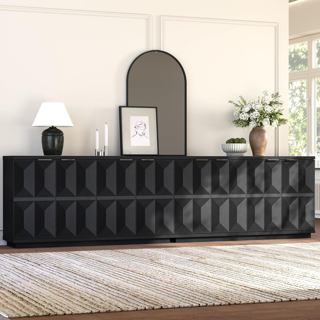 Yechen 118" Black Sideboard Buffet Cabinet with Storage, Modern Credenza with 3D Geometric Pattern Doors & Adjustable Shelves, Accent Wood Media Console Table for Living Room, Kitchen/2 Pieces