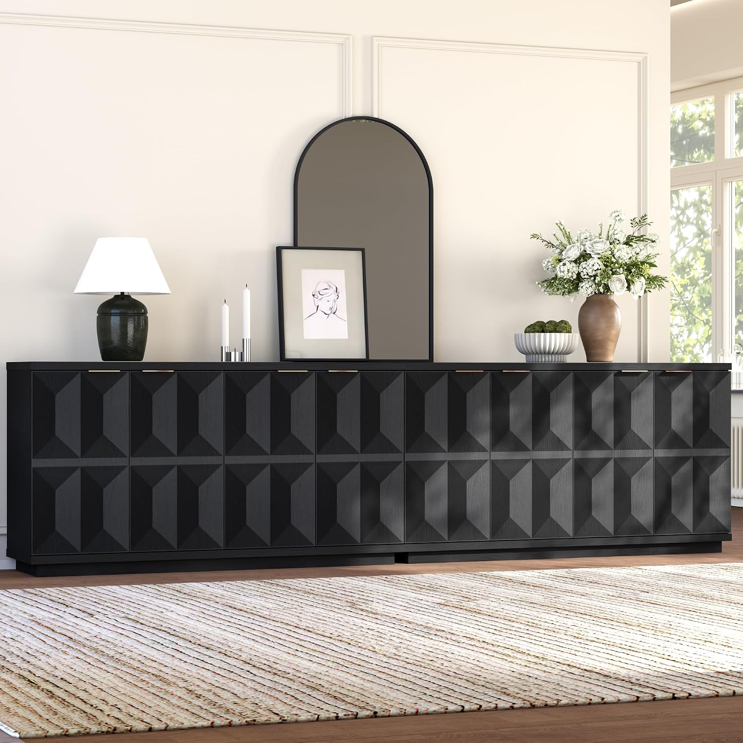 Yechen 118" Black Sideboard Buffet Cabinet with Storage, Modern Credenza with 3D Geometric Pattern Doors & Adjustable Shelves, Accent Wood Media Console Table for Living Room, Kitchen/2 Pieces