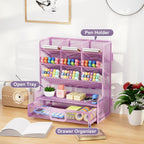 Marbrasse Larger Mesh Desk Organizer with Drawer, Multi-Functional Pen Pencil Holder, Easy Assembly, Desk Organizers and Accessories for Office Art Supplies (Purple)