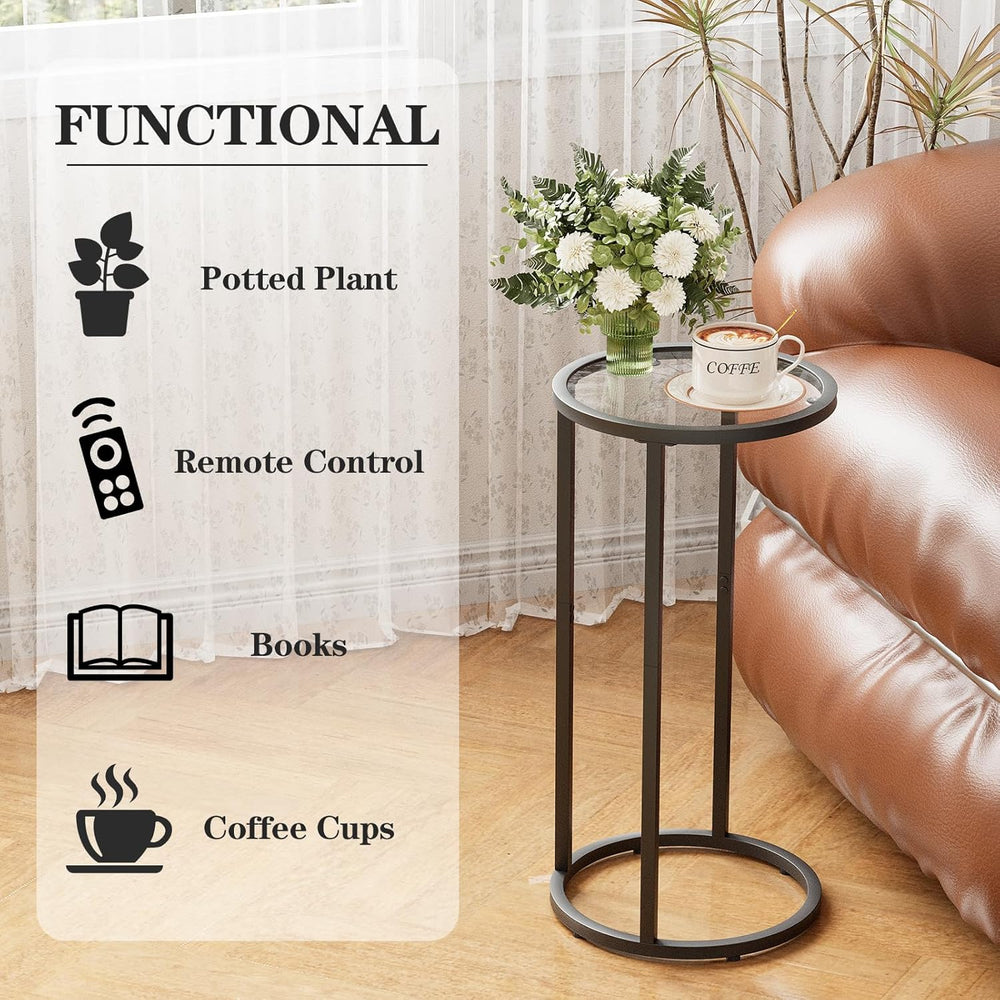 Easy Paws Round Side Table,Glass C Shaped Table,Couch End Table, Tempered Gla...