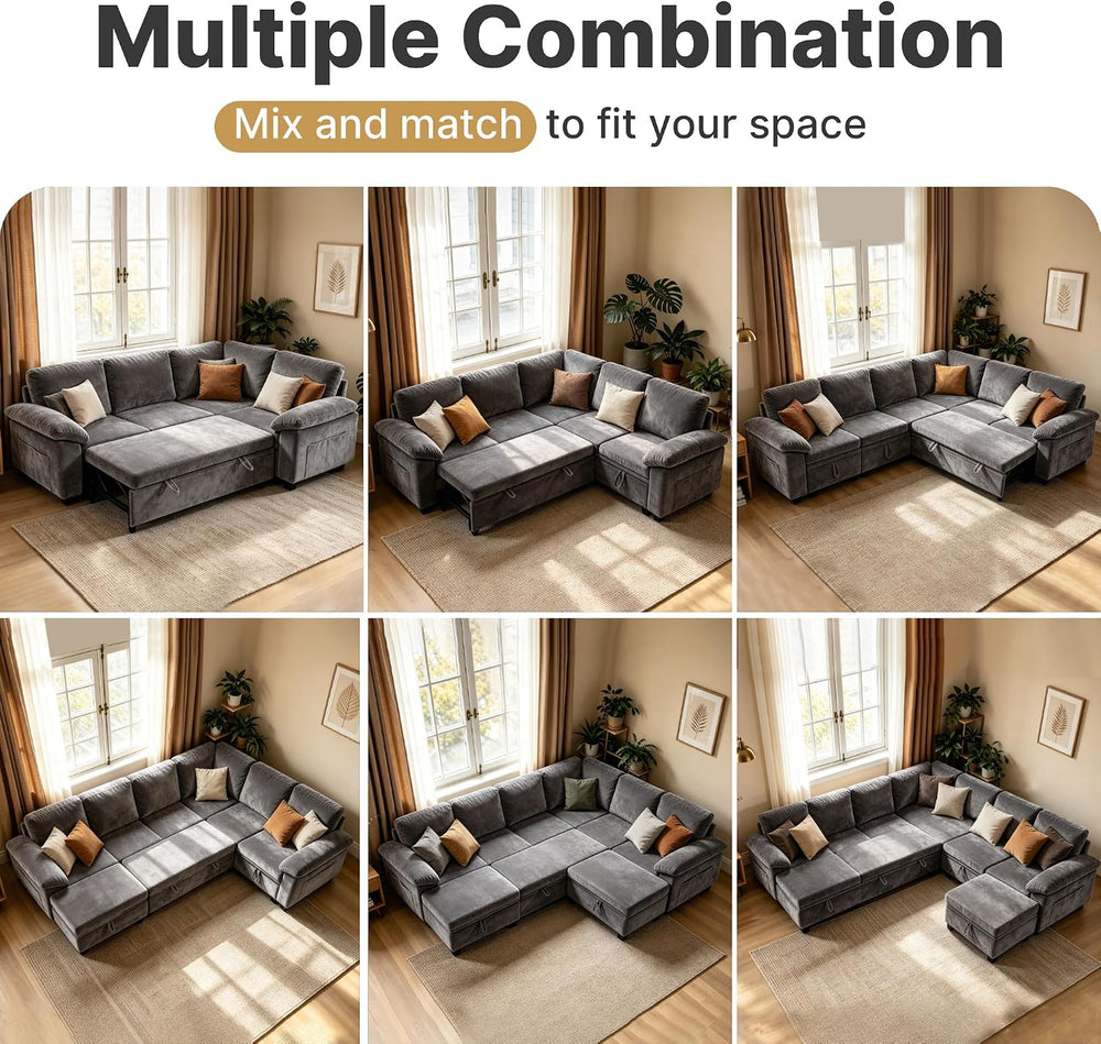 109" Sectional Sleeper 7 Sest Modular Couch Pull-Out Storage Sofa Bed | ...