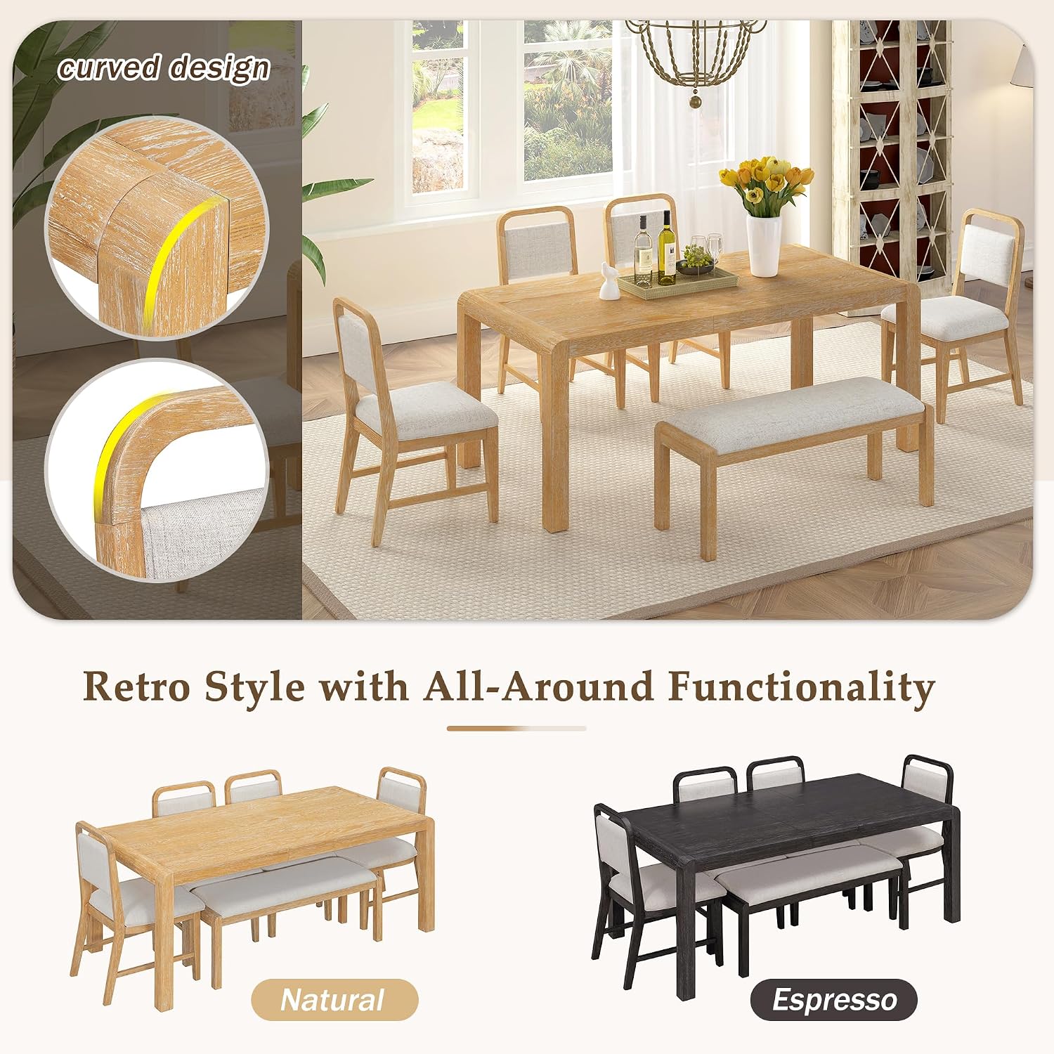 LUMISOL 6-Piece Solid Wood Dining Table Set, Extendable Kitchen Table Set for 4-6 with 4 Upholstered Chairs and 1 Bench for Kitchen, Dining Room, Living Room, Natural