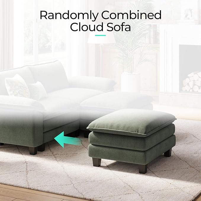 LINSY HOME Modular Sectional Sofa - Oversized Corduroy Cloud Couch with Movable Ottoman Soft Modern Comfy Sofa Set for Living Room Apartment Office, Green