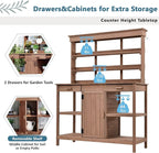 Merax 66" Large Outdoor Farmhouse Wooden Potting Bench Table, Garden Workstation with 2 Drawers, Cabinet, and Open Shelves for Backyard, Mudroom, Brown