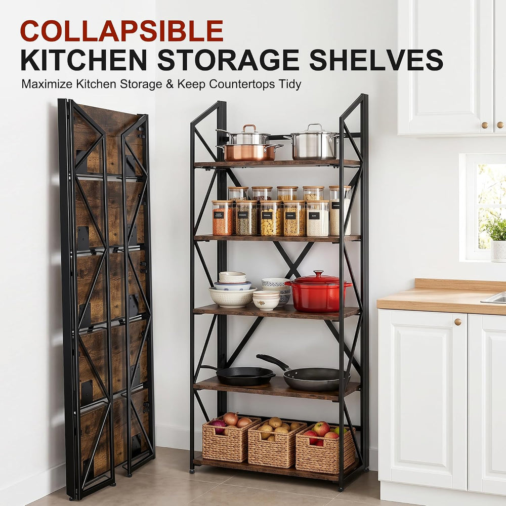 5 Tier Folding Bookshelf, No Assembly Foldable Storage Shelves, Brown