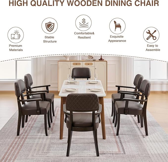 PU Leather Dining Chairs with Arms Set of 6, Upholstered Dining Room Chairs with Hardwood Legs & Open Curved Backrest,Modern Accent Kitchen Chairs 350 LBS Capacity, Brown