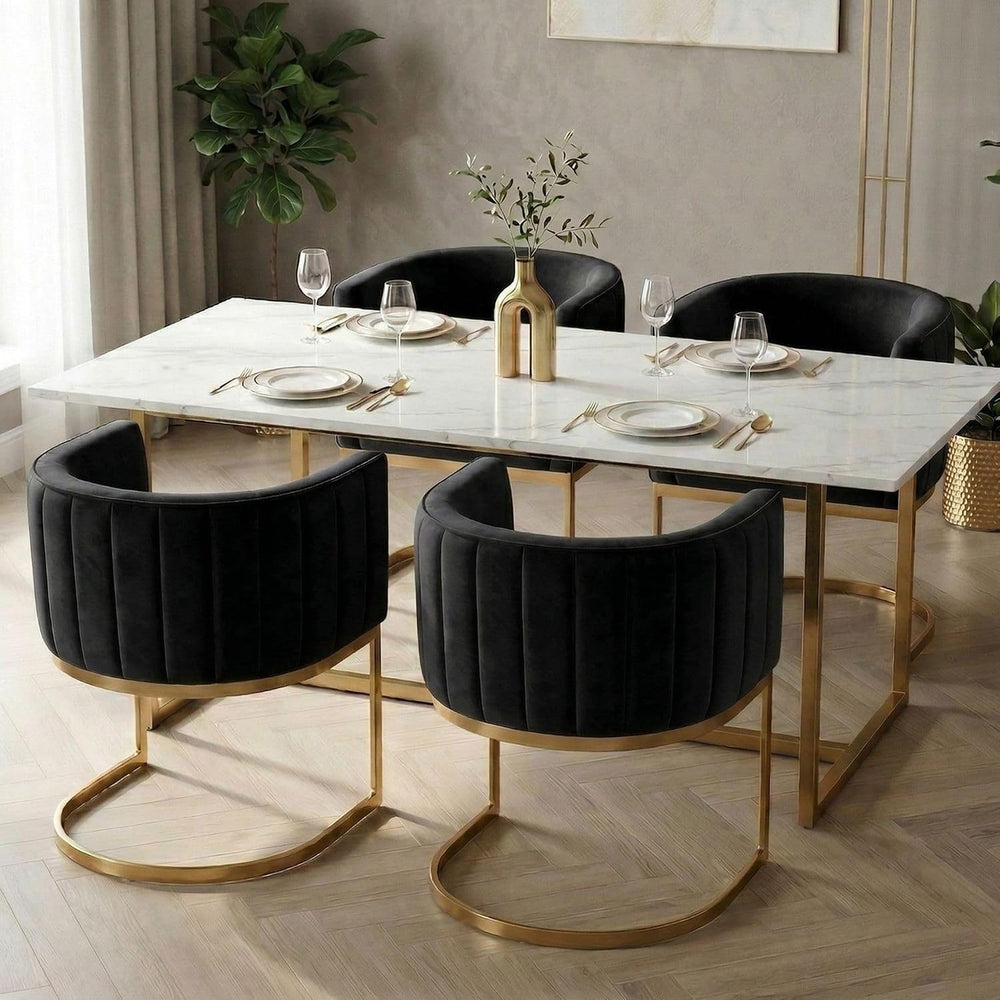 Hyfirm Black and Gold Barrel Dining Chairs Set of 6, Modern Velvet Upholstere...