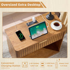 LEYAOYAO 31" Wide Fluted Nightstand with Charging Station, Oversized Extra Large 1 Drawer Night Stand with Golden Handle, Brown Wood Bedside Table Tall End Tables,for Bedroom, Living Room, Hallway