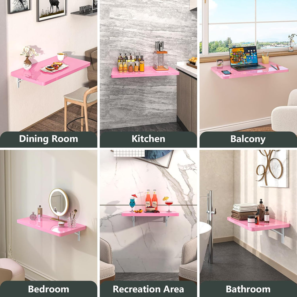 Clikuutory Pink Wall Mounted High Gloss Folding Table, Wall Desk Fold Down for Small Spaces, Folding Workbench for Laundry Room, Home Office, Kitchen, Bedroom, Home Bar (23.6"×15.7")
